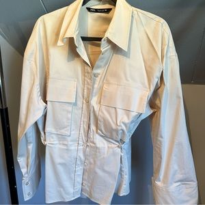 ZARA Cream Utility Button-Down Shirt with Waist Tie